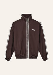 flatlay P.E Nation Radius Jacket in Dark Plum - oversized funnel neck jacket with side stripe detail
