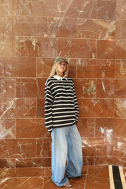 Dylan Rugby Polo — Black & White Stripe