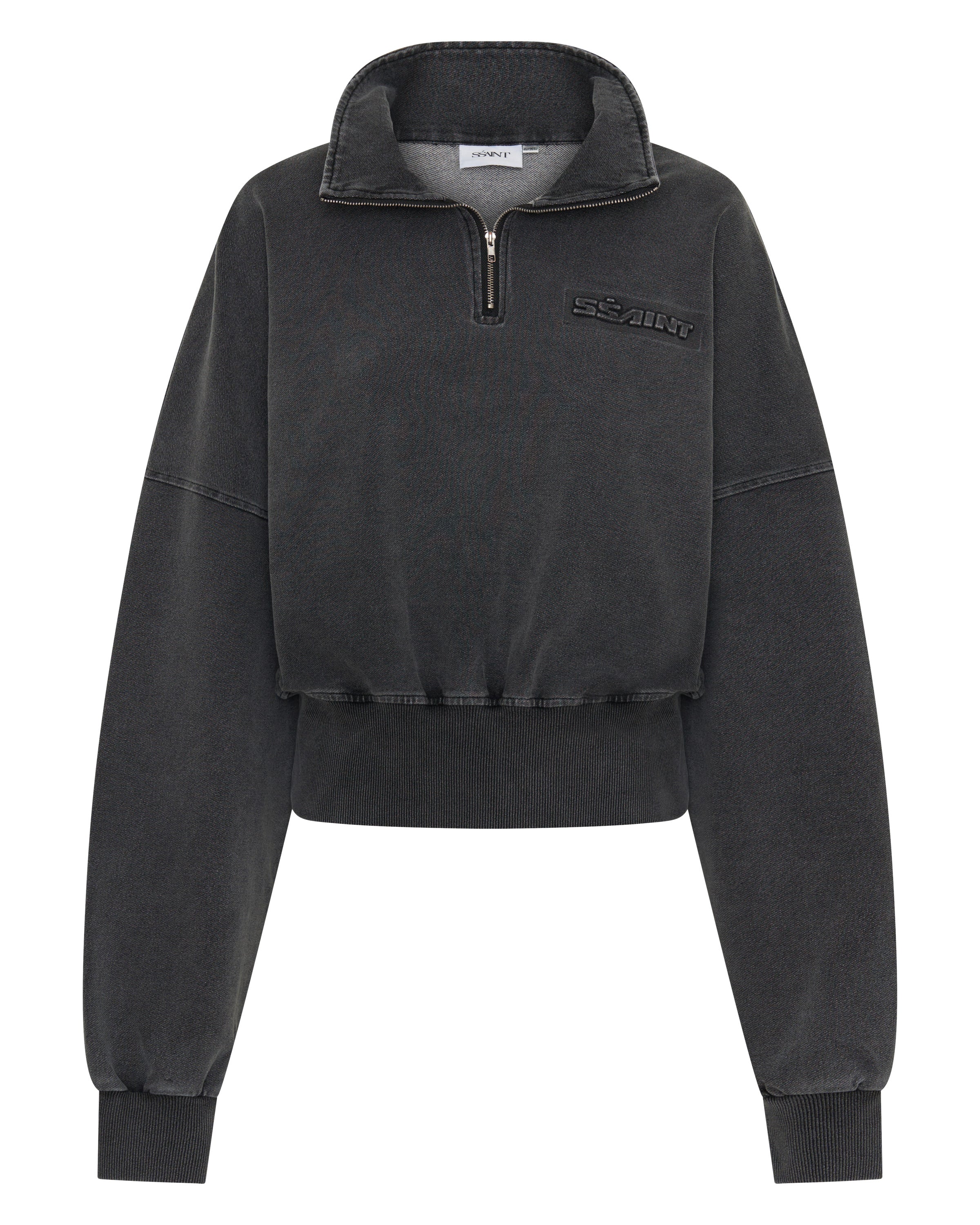 ŚSAINT Acid Wash Crop Jacket in charcoal with mock neck collar
