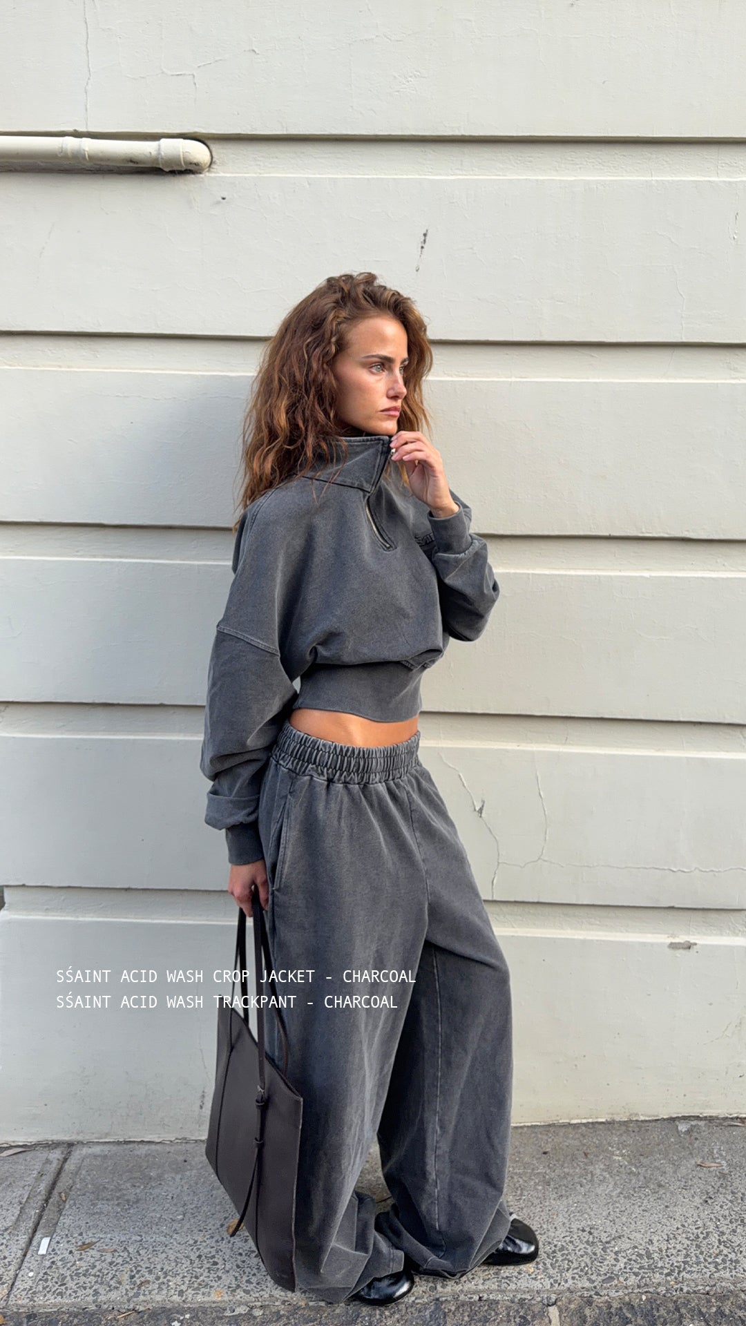 SAINT Acid Wash Trackpant styled with matching Charcoal Crop Jacket