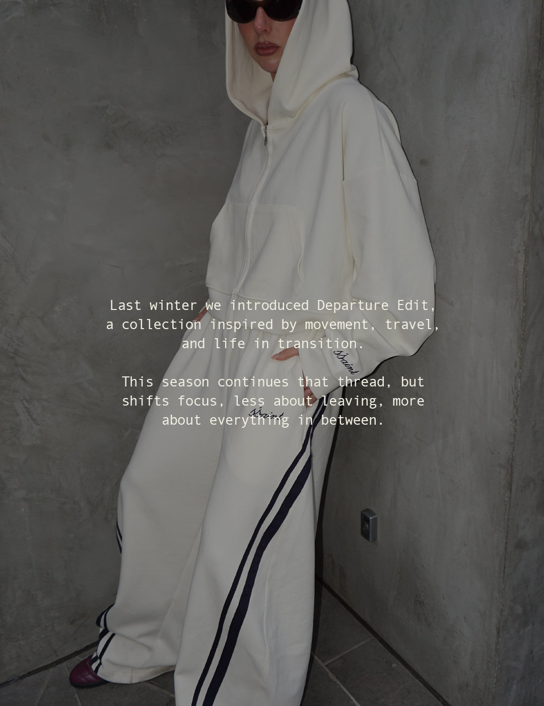 ŚSAINT Barrel Trackpant butter and navy styled with matching Cropped Hoodie