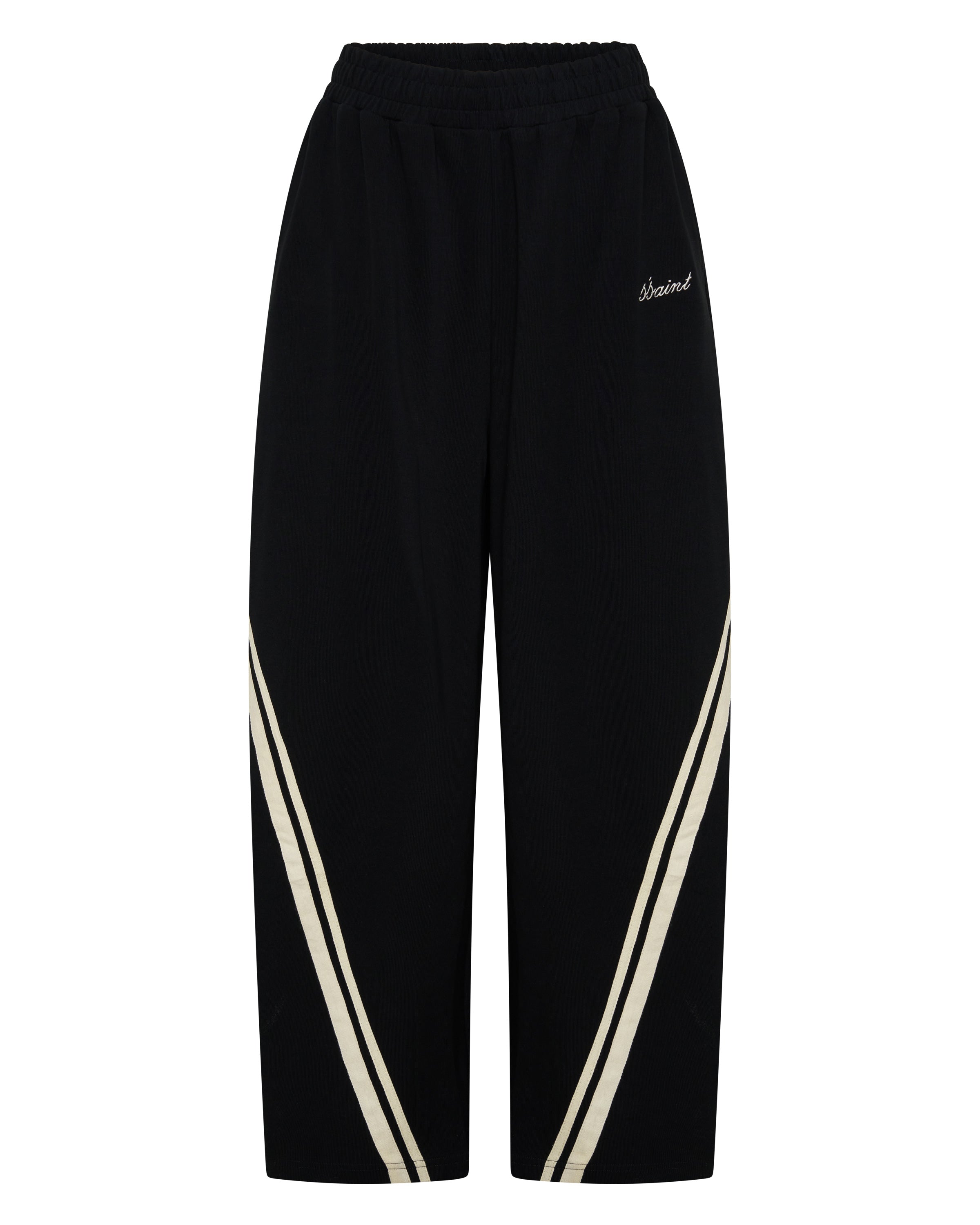 ŚSAINT Barrel Trackpant in black with butter double side stripe detail