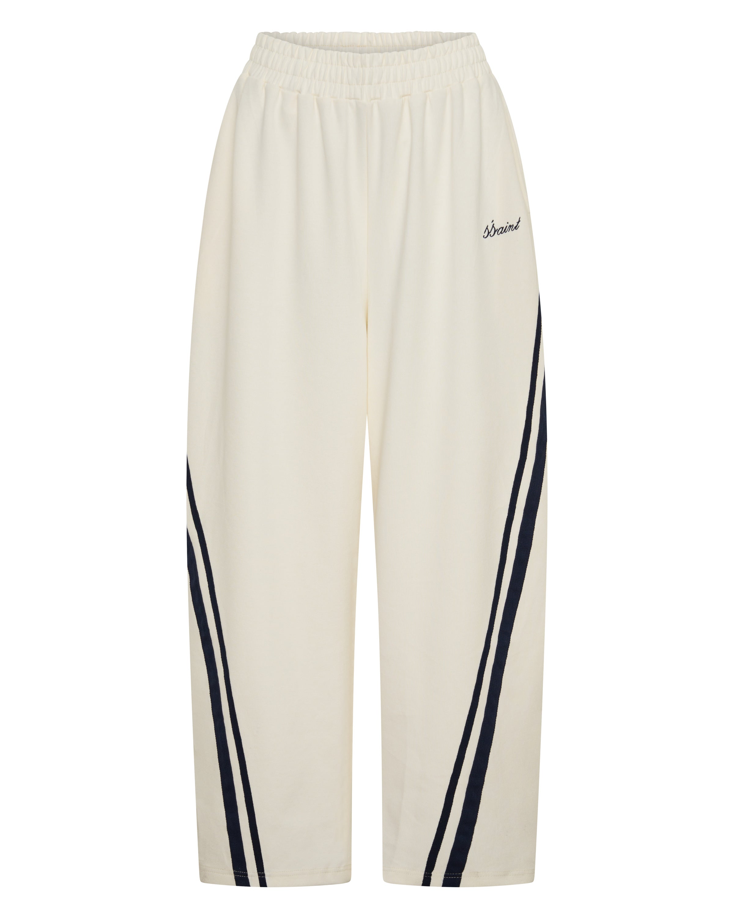 ŚSAINT Barrel Trackpant in butter with navy double side stripe detail