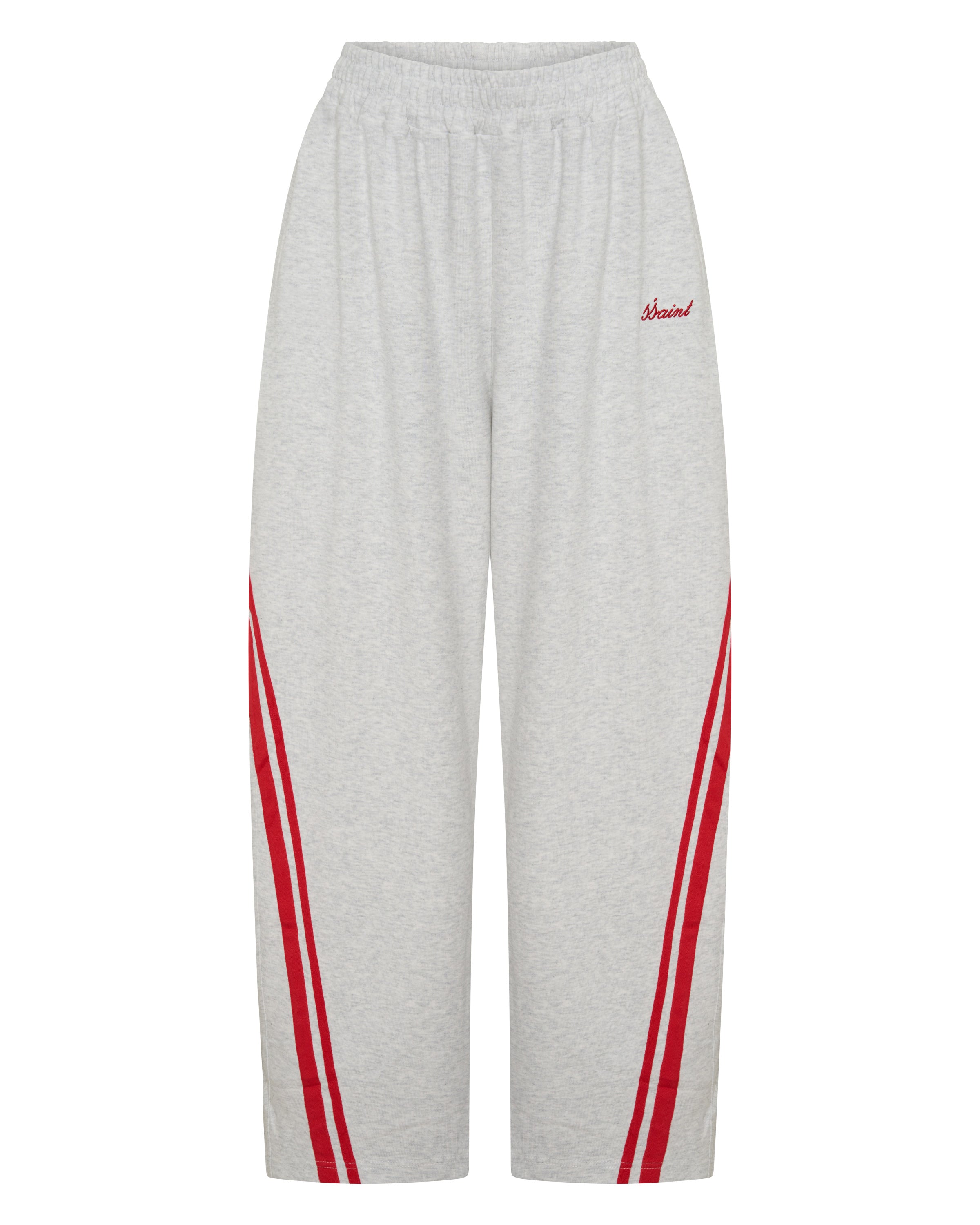 ŚSAINT Barrel Trackpant in grey with red double side stripe detail