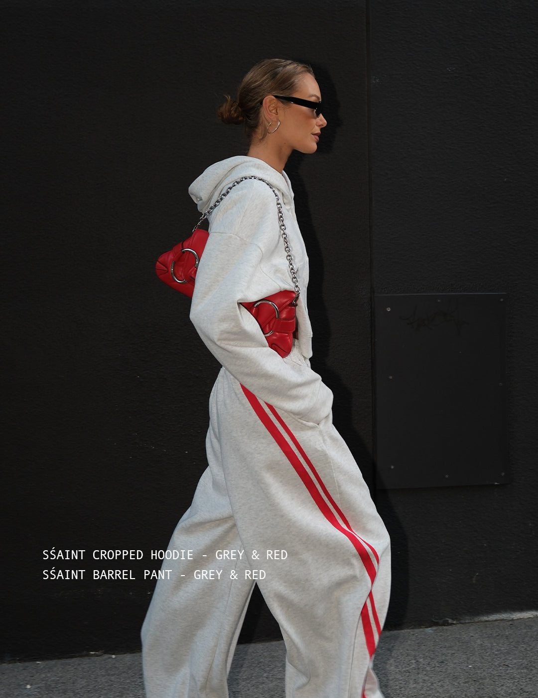 ŚSAINT Cropped Hoodie grey and red styled with matching Barrel Trackpant