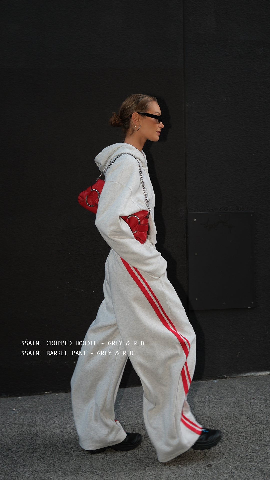 ŚSAINT Cropped Hoodie grey and red styled with matching Barrel Trackpant