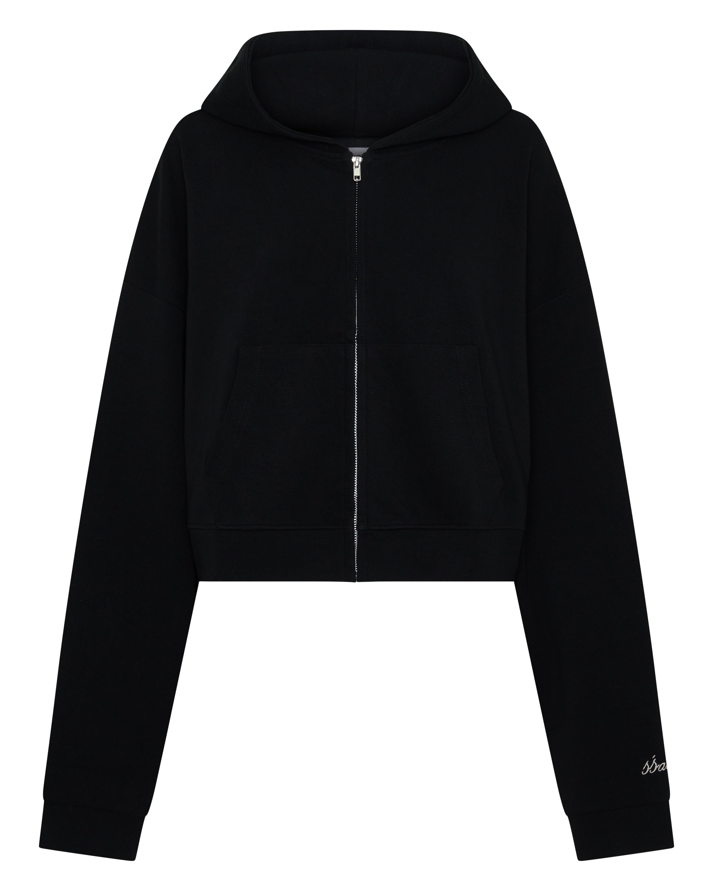 ŚSAINT Cropped Hoodie in black with butter embroidered logo detail