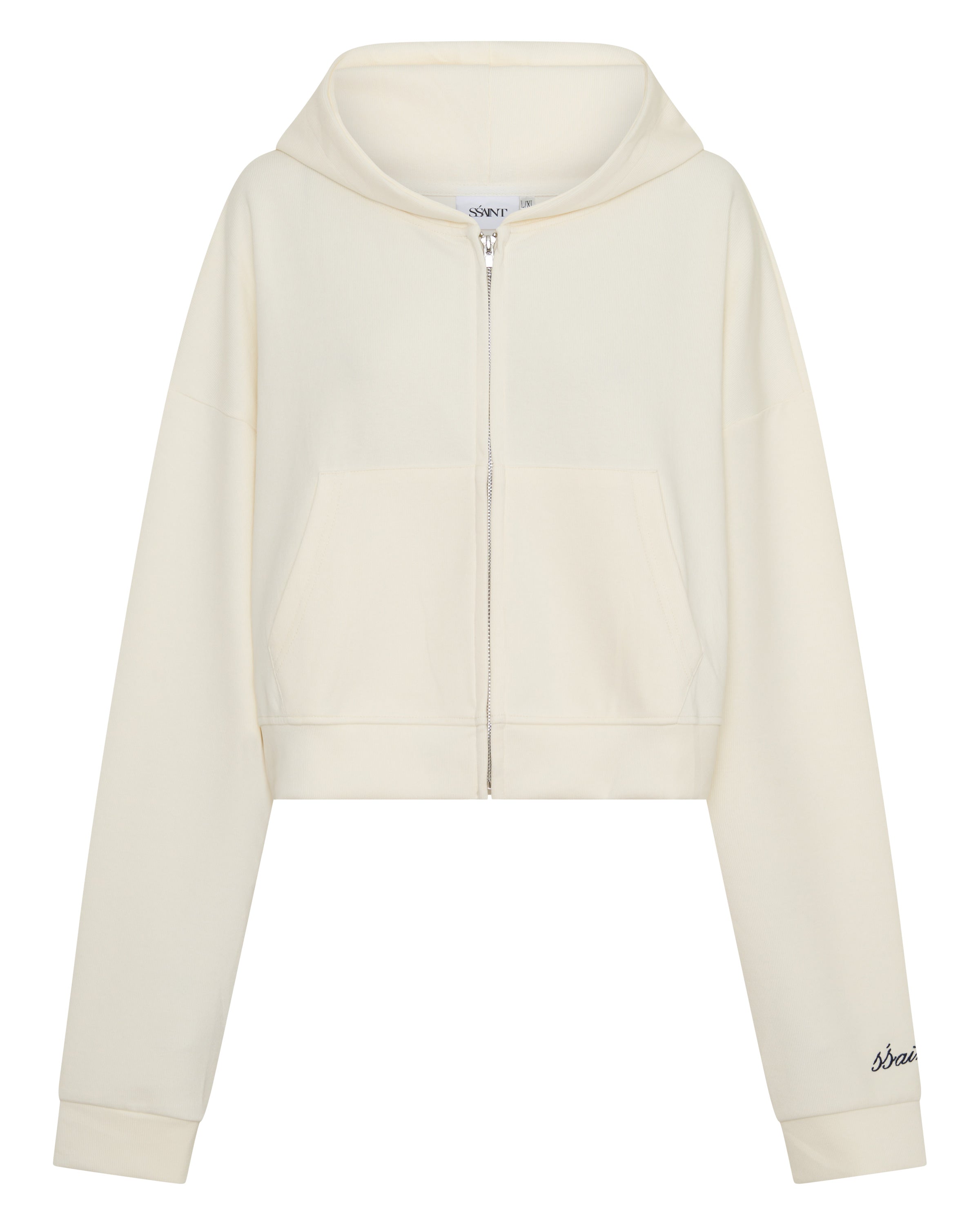 ŚSAINT Cropped Hoodie in butter with navy embroidered logo detail