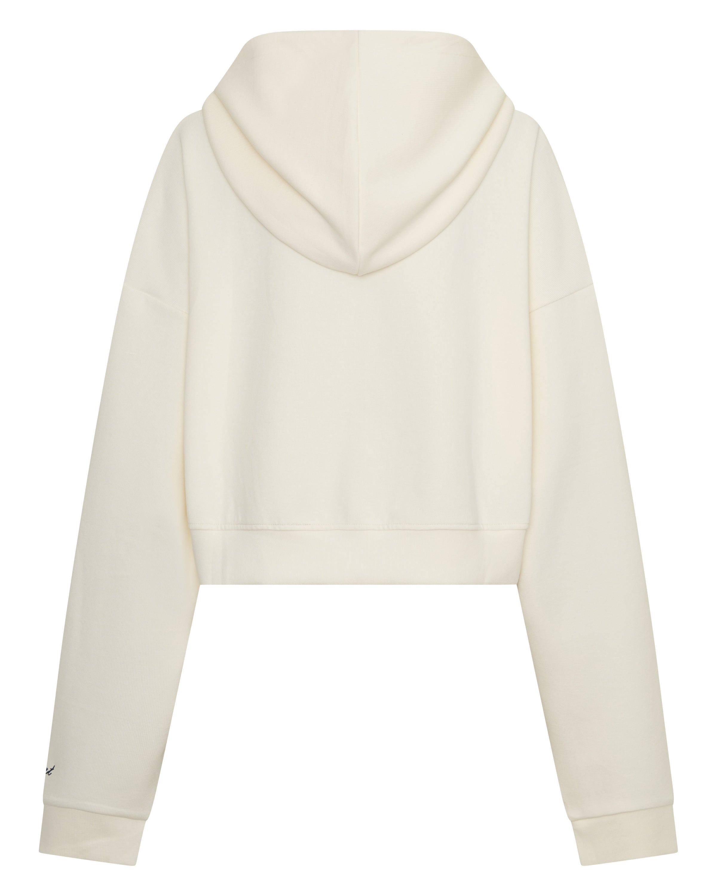 BACK VIEW ŚSAINT Cropped Hoodie in butter with navy embroidered logo detail