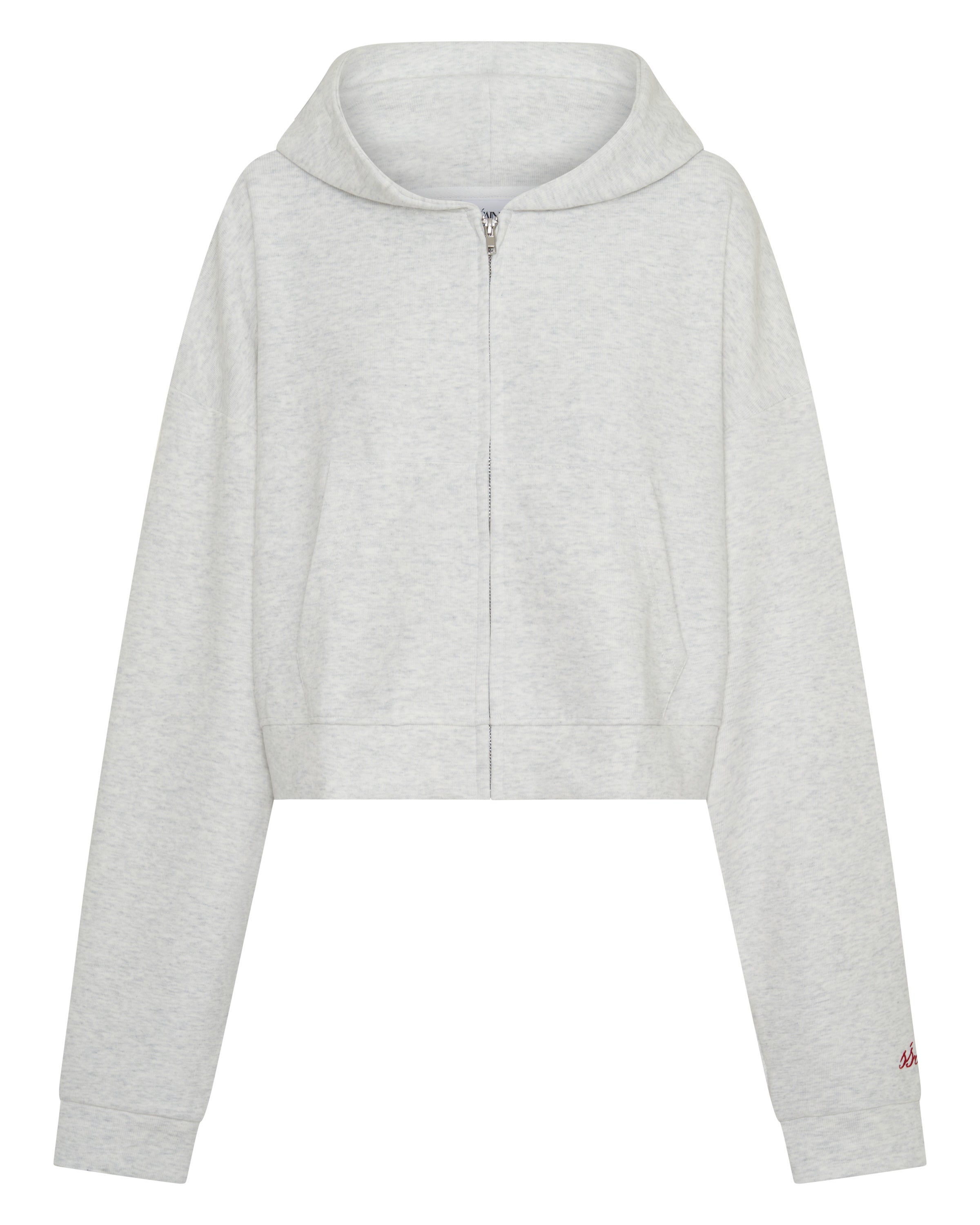 ŚSAINT Cropped Hoodie in grey with red embroidered logo detail