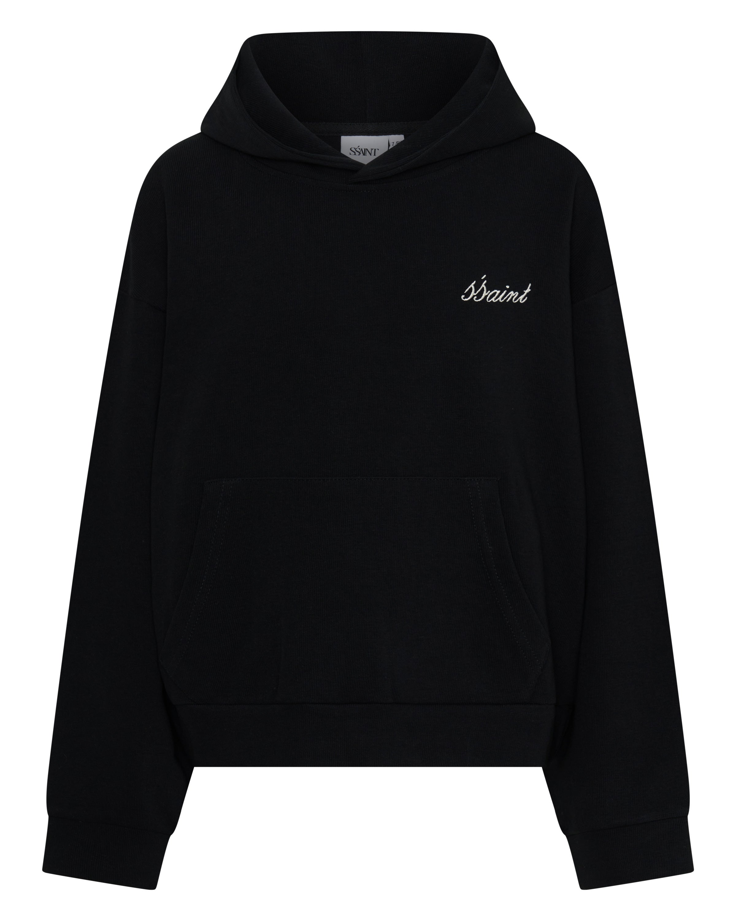 ŚSAINT Kids Logo Hoodie in black with butter embroidered chest logo