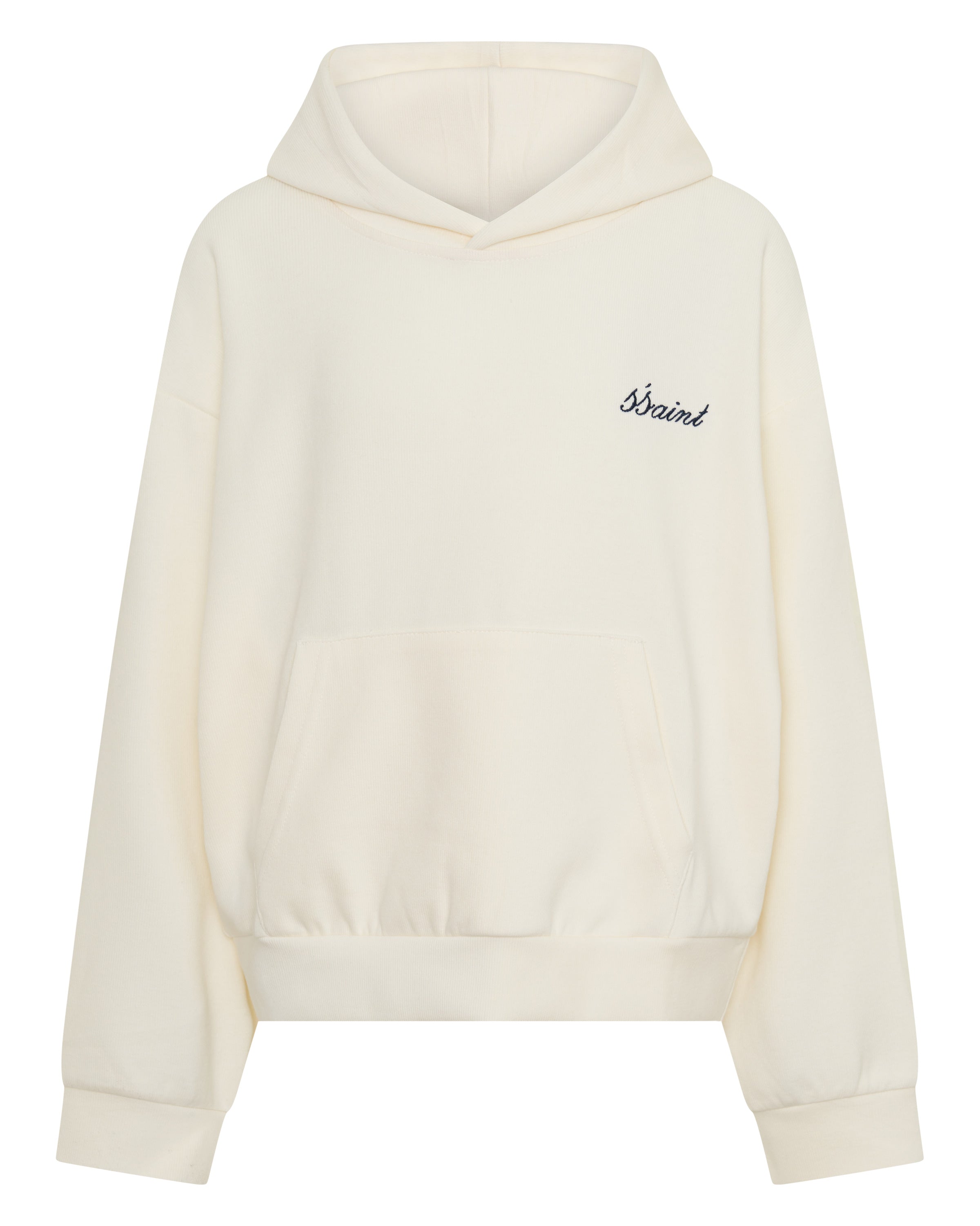 ŚSAINT Kids Logo Hoodie in butter with navy embroidered chest logo