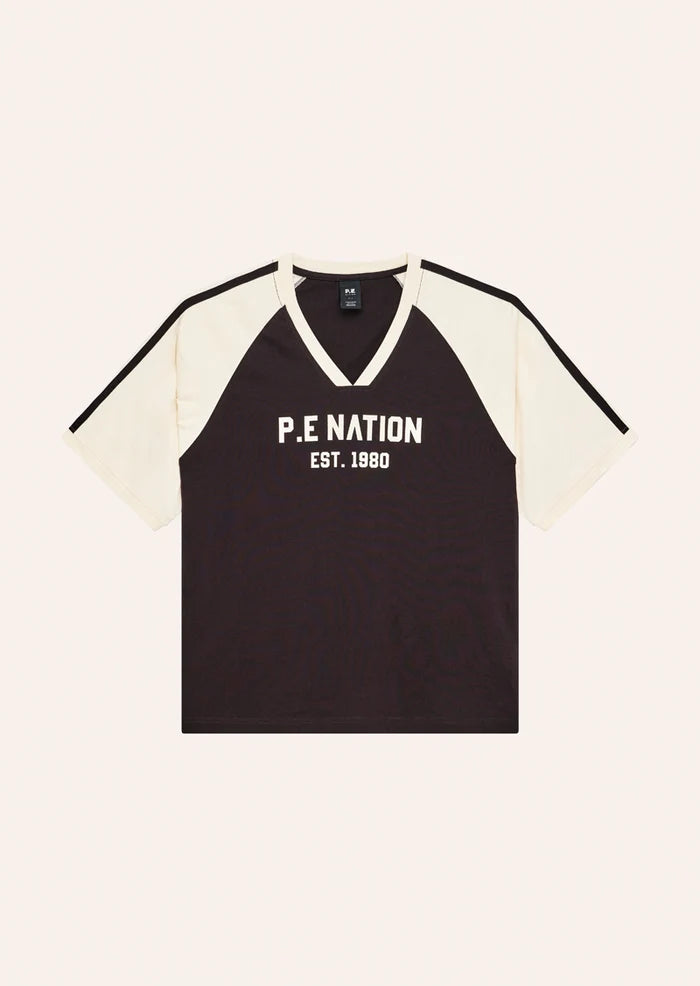 P.E Nation Spinout Baseball Tee in Black Bean & Whisper White