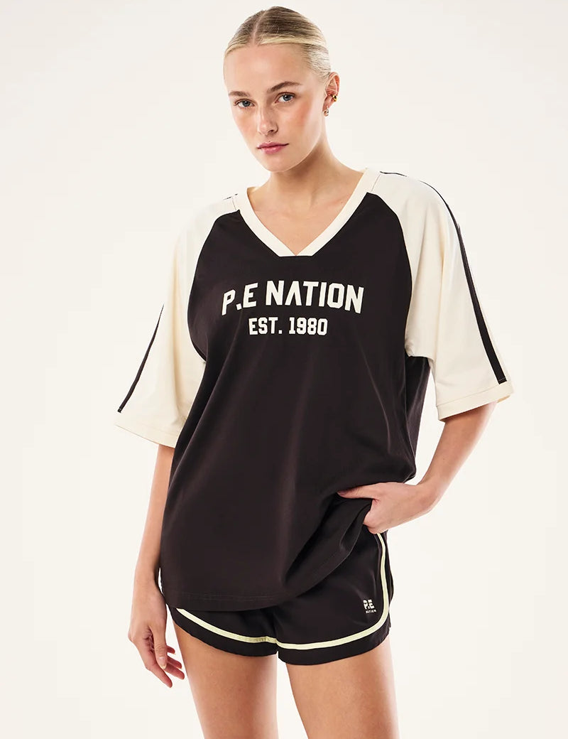 FULL MVIEW PE Nation Spinout Baseball Tee in Black Bean & Whisper White — oversized organic cotton sports jersey, Wild West Sisters