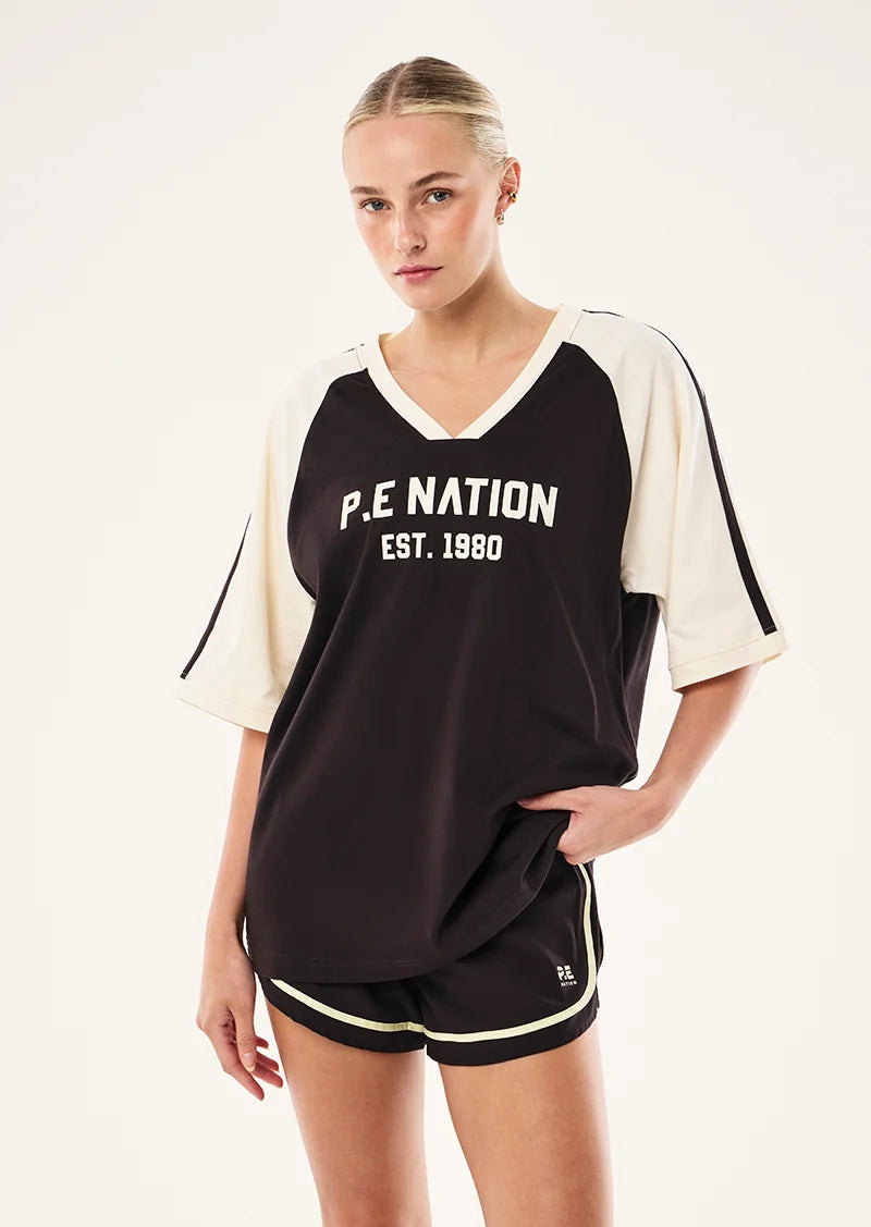 FULL MVIEW PE Nation Spinout Baseball Tee in Black Bean & Whisper White — oversized organic cotton sports jersey, Wild West Sisters