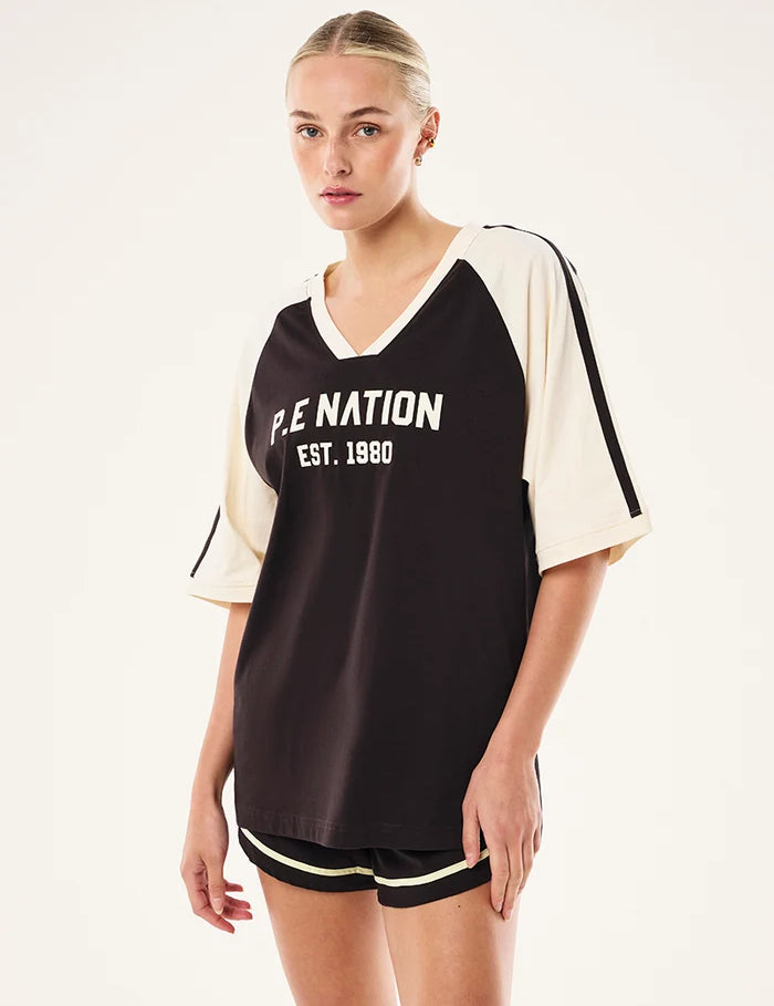 PE Nation Spinout Baseball Tee in Black Bean & Whisper White — oversized organic cotton sports jersey, Wild West Sisters