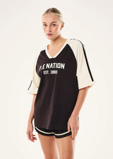 P.E Nation Spinout Baseball Tee in Black Bean & Whisper White