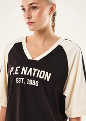 CLOSE UP PE Nation Spinout Baseball Tee in Black Bean & Whisper White — oversized organic cotton sports jersey, Wild West Sisters