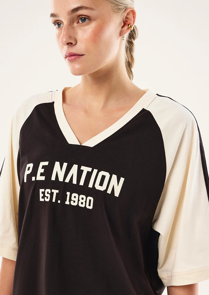 CLOSE UP PE Nation Spinout Baseball Tee in Black Bean & Whisper White — oversized organic cotton sports jersey, Wild West Sisters