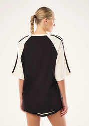 BACK VIEW PE Nation Spinout Baseball Tee in Black Bean & Whisper White — oversized organic cotton sports jersey, Wild West Sisters