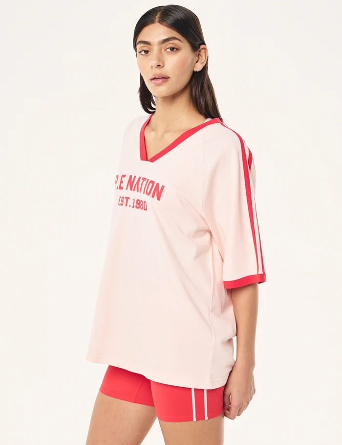 P.E Nation Spinout Baseball Tee in Soft Pink - oversized organic cotton jersey with contrast binding SIDE VIEW