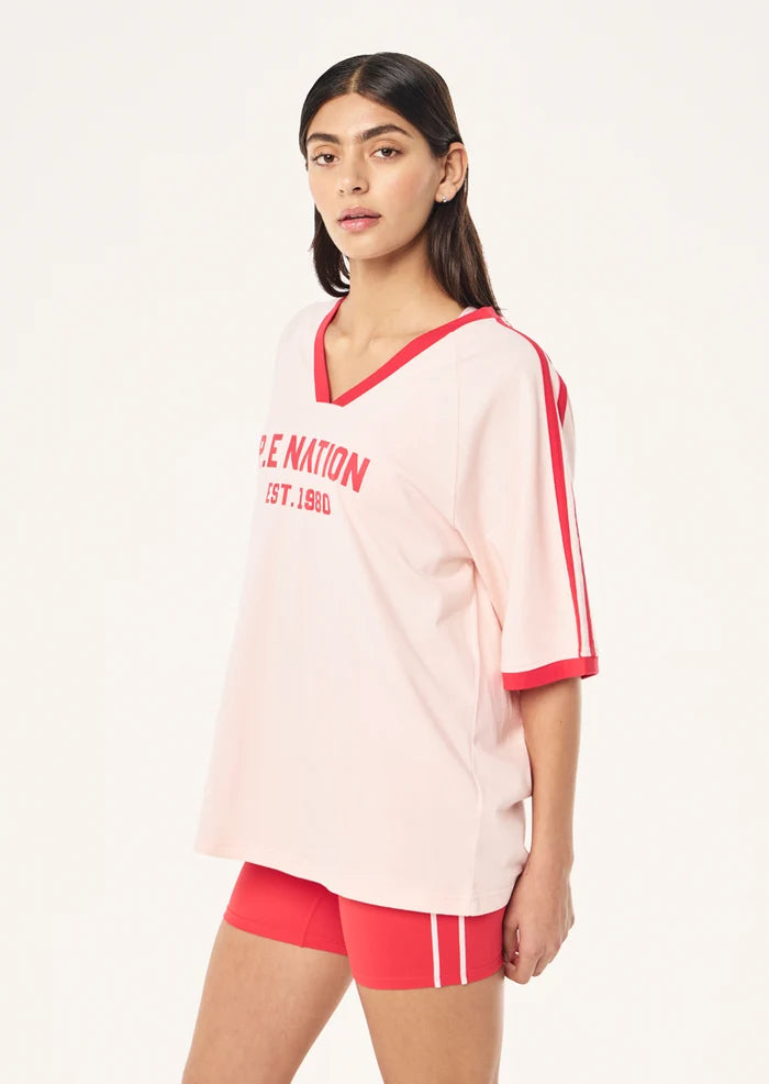 P.E Nation Spinout Baseball Tee in Soft Pink - oversized organic cotton jersey with contrast binding SIDE VIEW