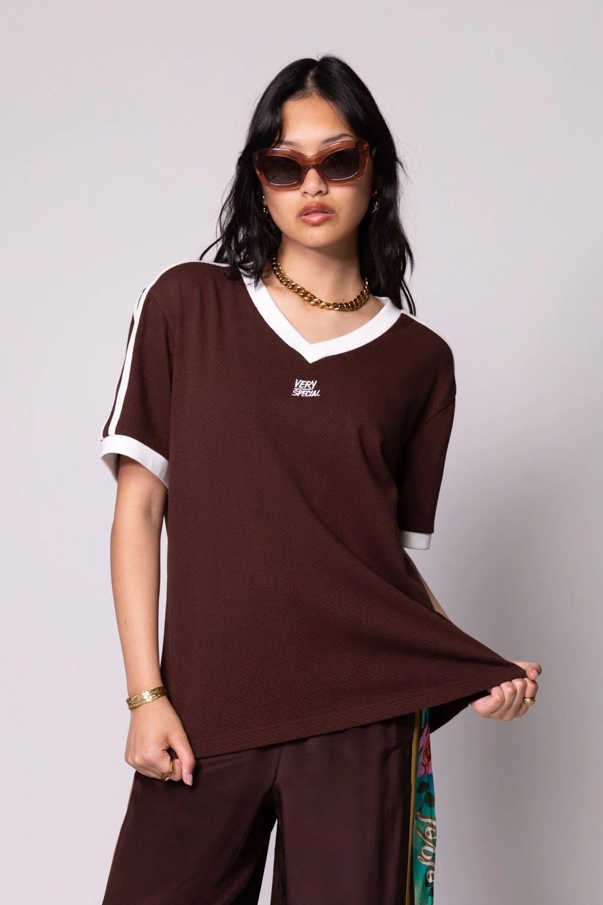 Something Very Special Mocha Classic Mesh Stripe Tee