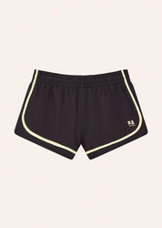 FLAT LAY PE Nation Stride Running Short in Black Bean & Soft Yellow — lightweight 4-way stretch active short, Wild West Sisters