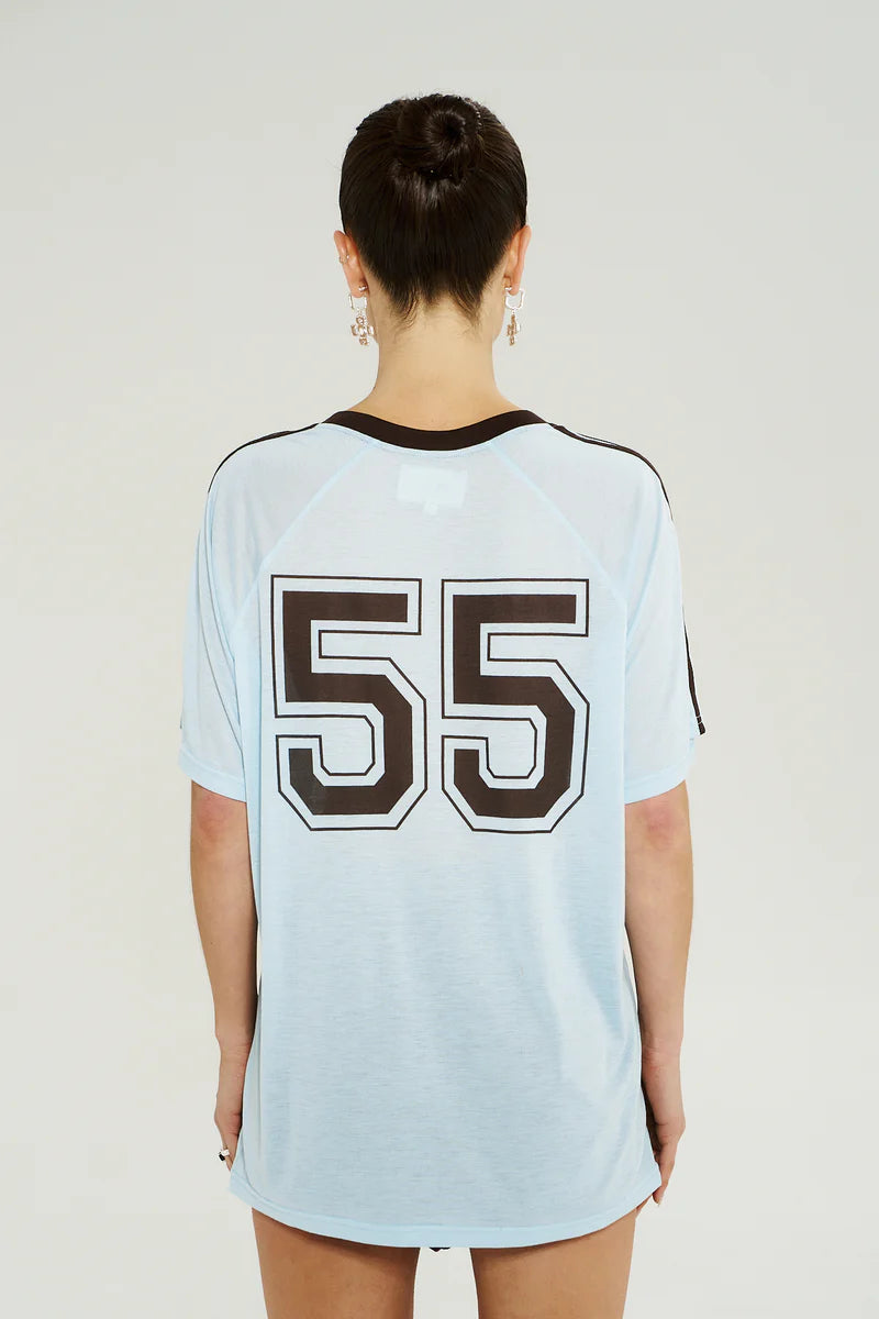 Back view of Summi Summi V-Neck Jersey Tee in Icel Blue featuring 55 graphic detail.