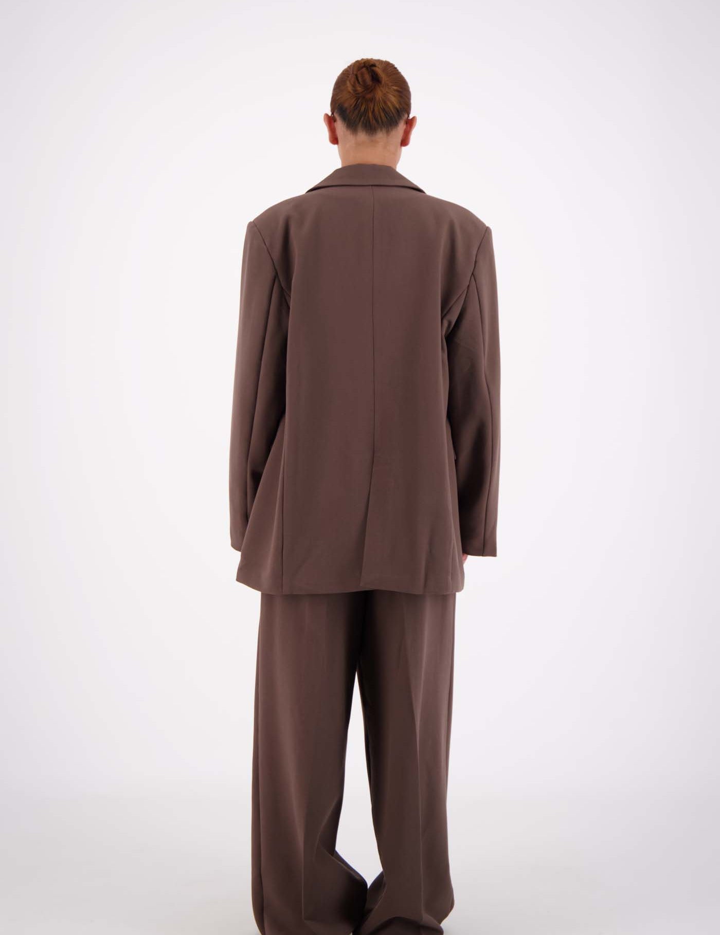 Jasmine Alexa Sabine Blazer Taupe styled as tonal suit set with wide-leg trousers, BACK VIEW