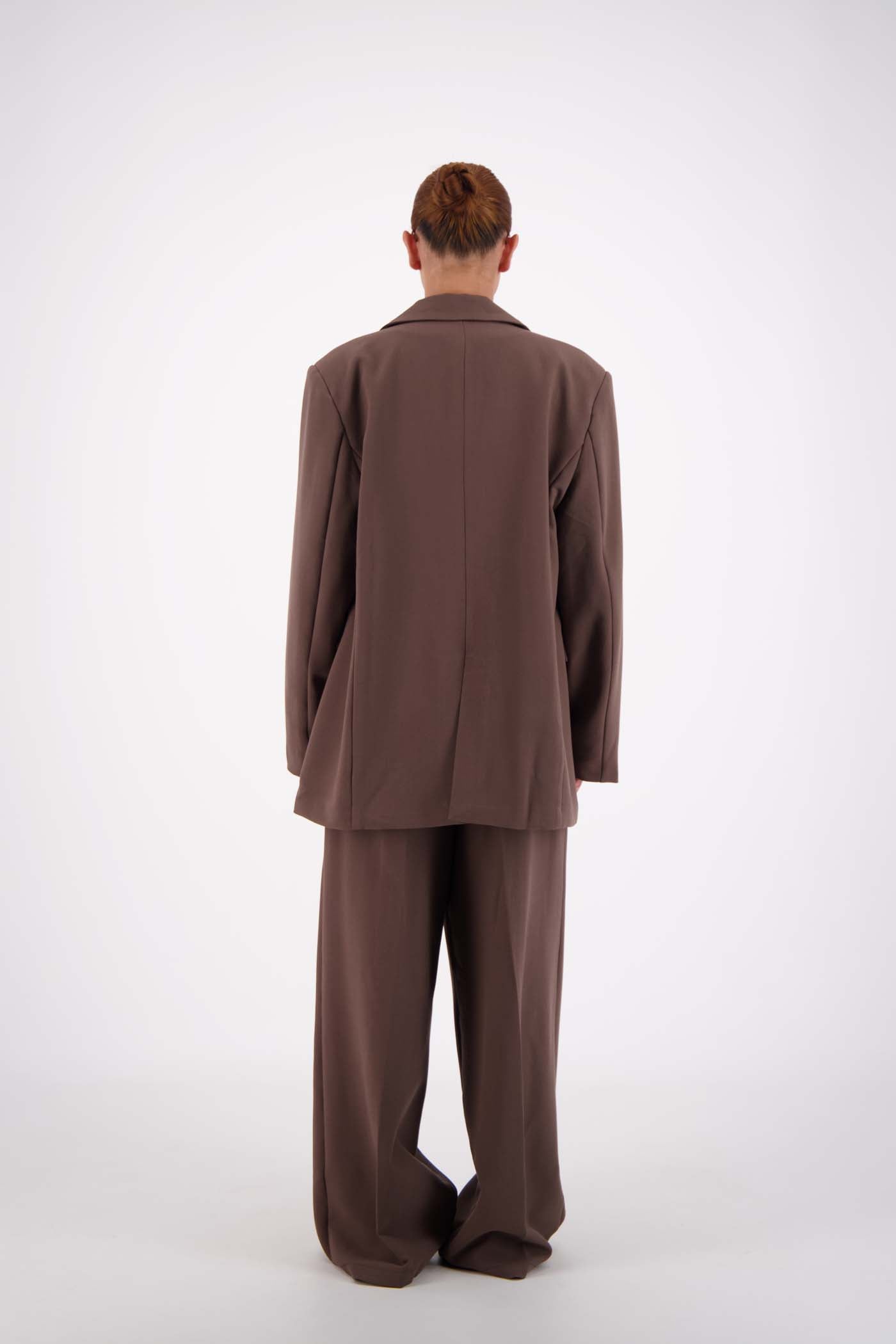 Jasmine Alexa Sabine Blazer Taupe styled as tonal suit set with wide-leg trousers, BACK VIEW