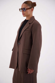 Jasmine Alexa Sabine Blazer in Taupe, side view, single button closure, notch lapel, longline oversized fit