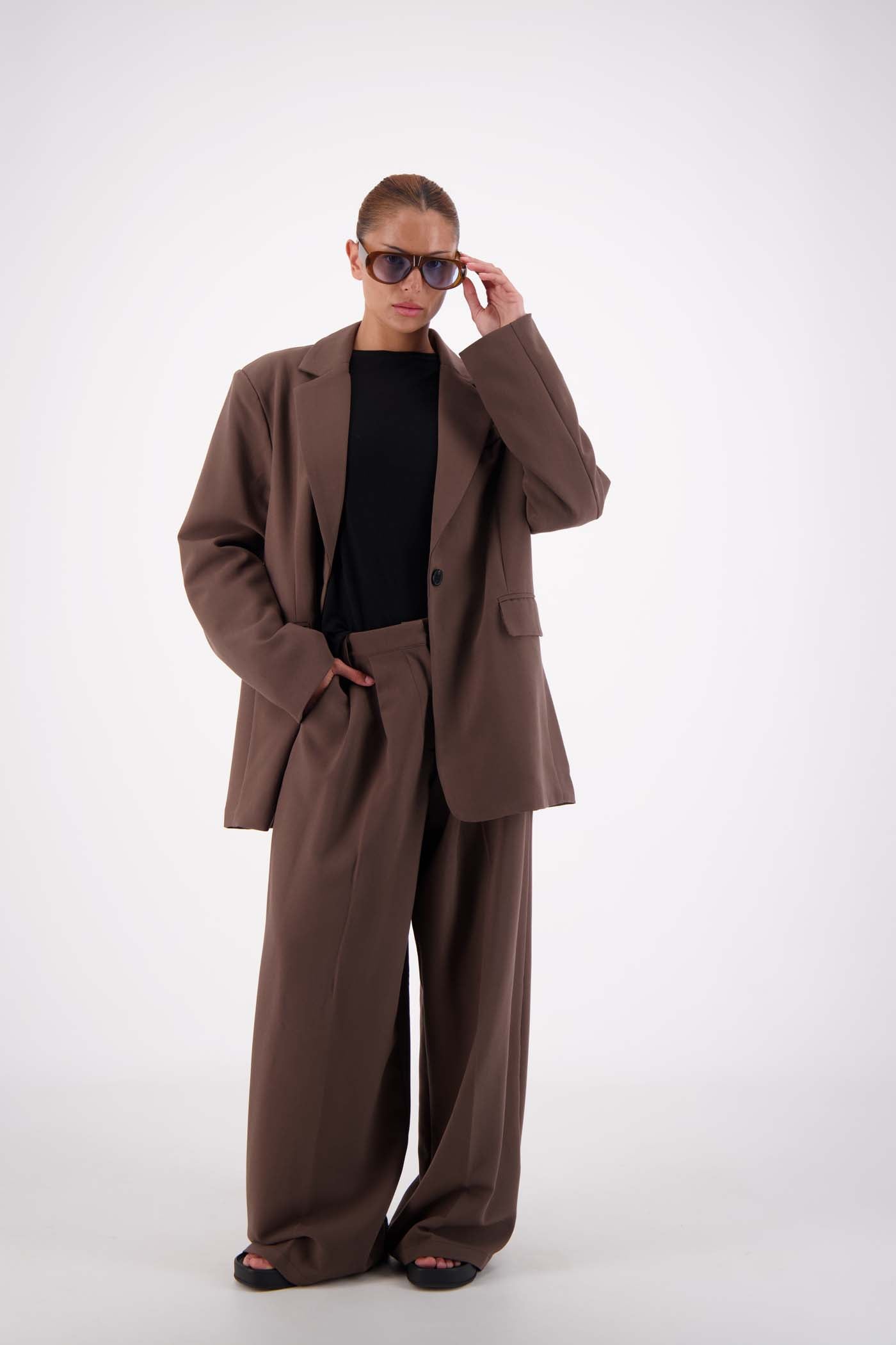 Jasmine Alexa Sabine Blazer Taupe styled as tonal suit set with wide-leg trousers, front view