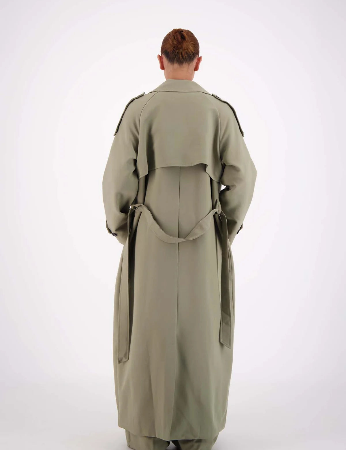 Steel Grey trench coat outfit styling BACK VIEW