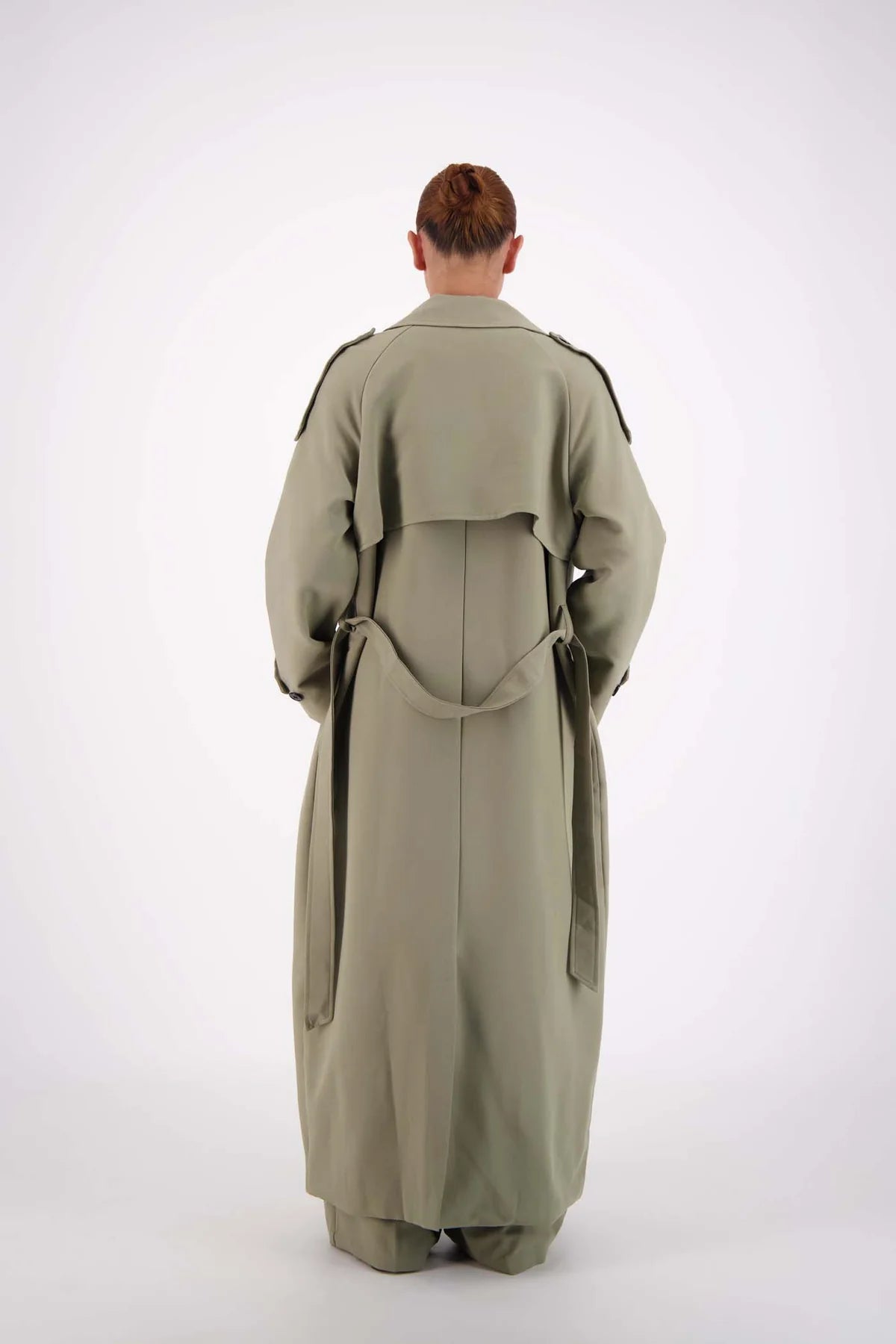 Steel Grey trench coat outfit styling BACK VIEW