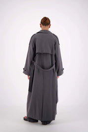 Serena Trench steel grey — relaxed silhouette with waist tie, rear view