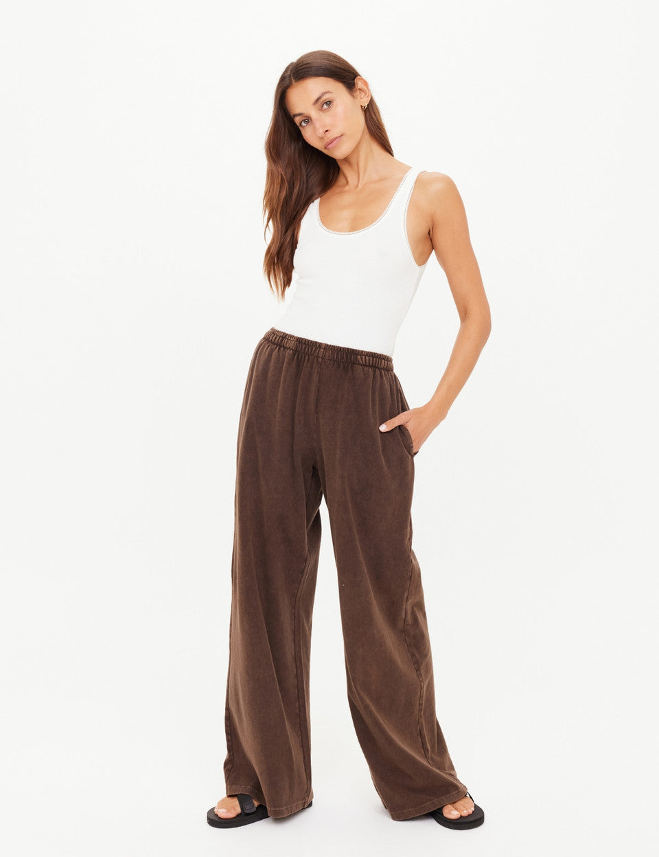  The Upside Soho Tokio Wide Leg Pant in Cocoa — soft brushed recycled cotton fabrication, dark brown