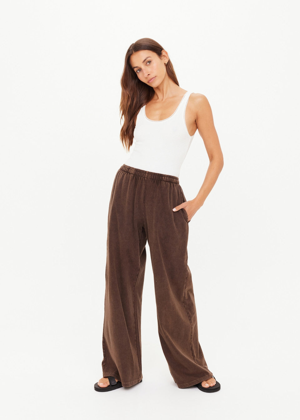  The Upside Soho Tokio Wide Leg Pant in Cocoa — soft brushed recycled cotton fabrication, dark brown