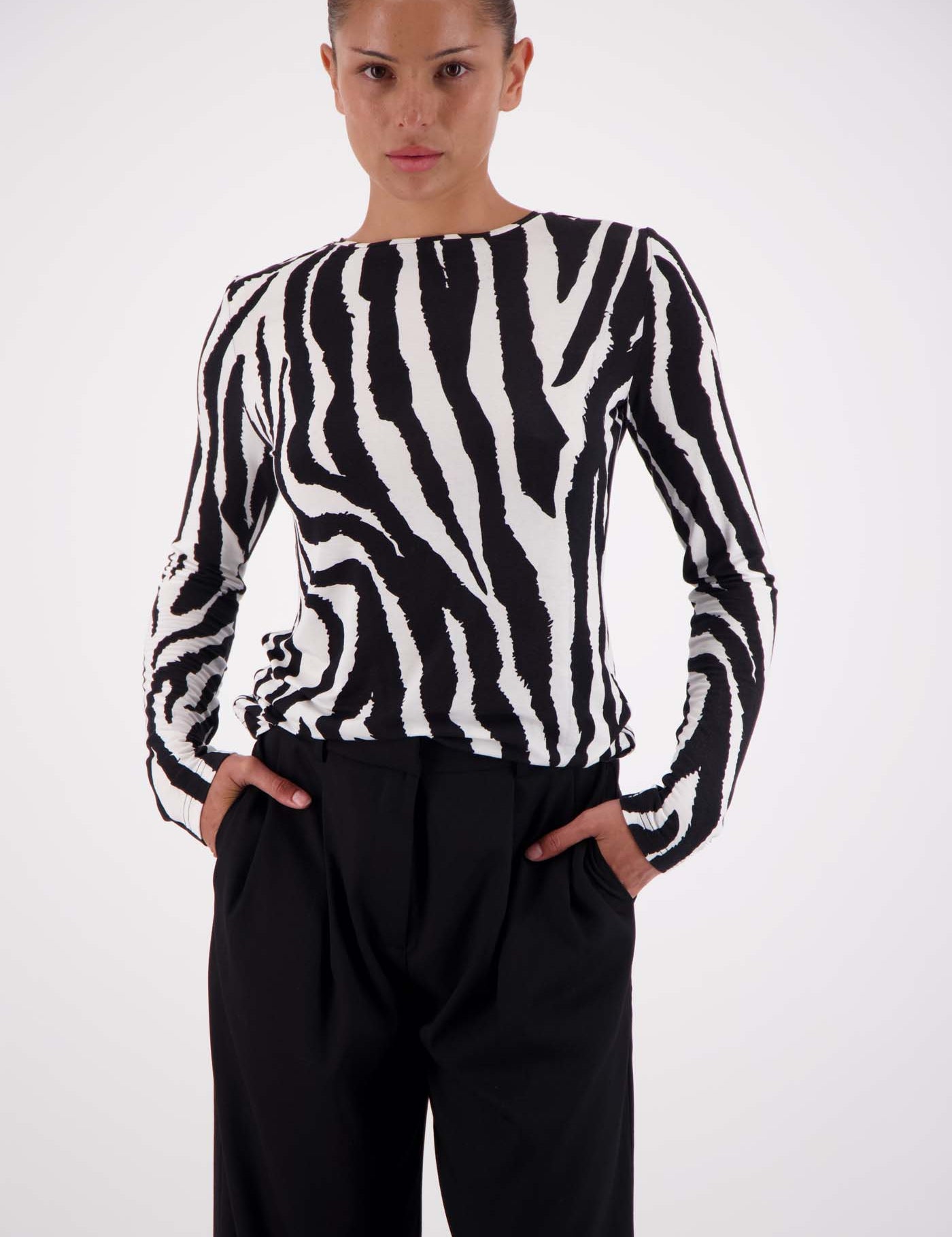 Jasmine Alexa Soho Long Sleeve Top in Zebra print, 100% modal, high neckline, front view