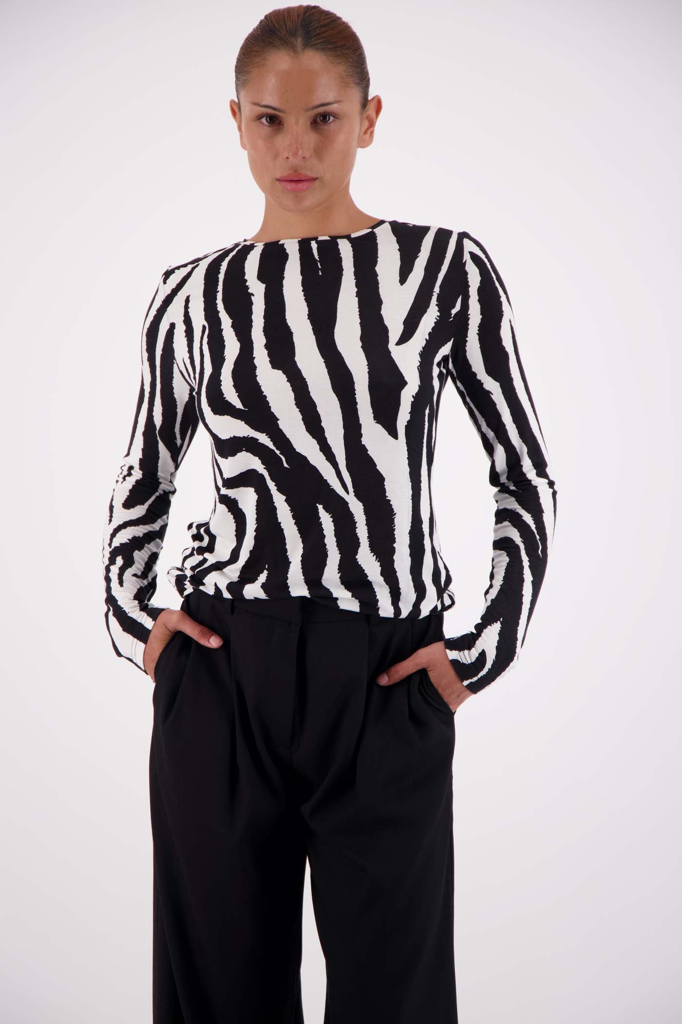 Jasmine Alexa Soho Long Sleeve Top in Zebra print, 100% modal, high neckline, front view