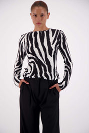 Jasmine Alexa Soho Long Sleeve Top in Zebra print, 100% modal, high neckline, front view
