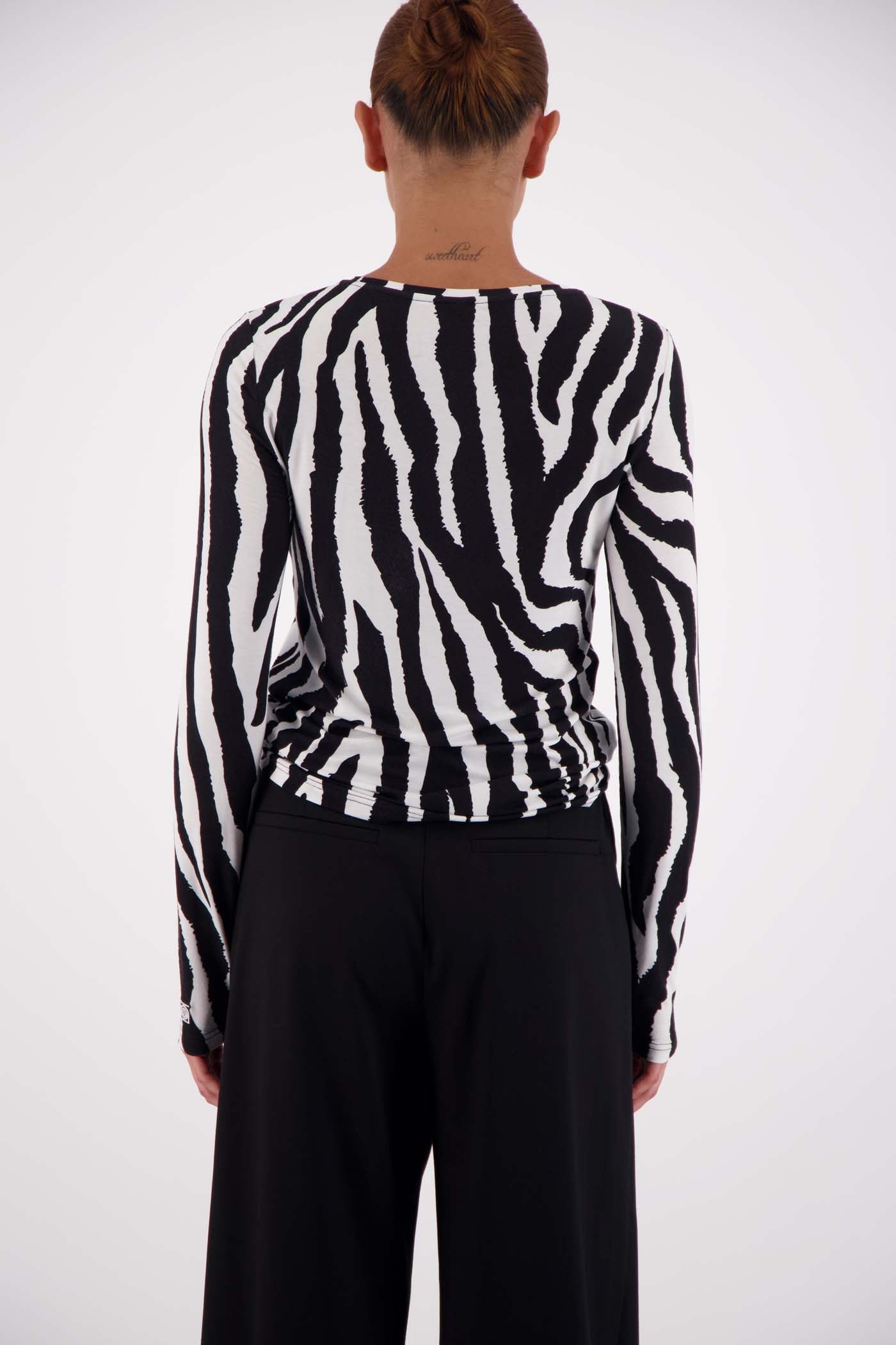 Jasmine Alexa Soho Long Sleeve Top Zebra, back view, clean high neckline
