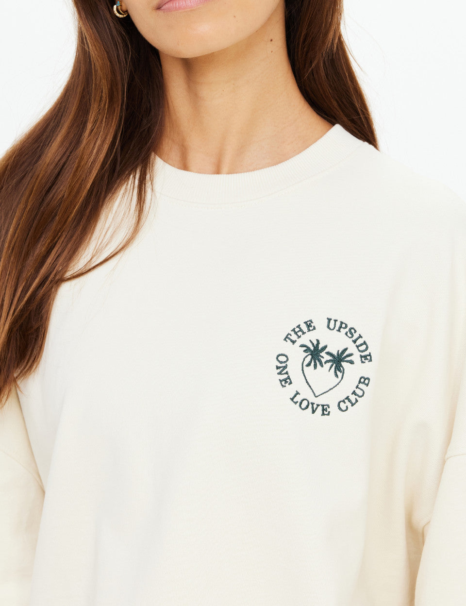 Detail of brushed organic cotton loopback fabric on The Upside Molokai Paloma Crew sweatshirt.