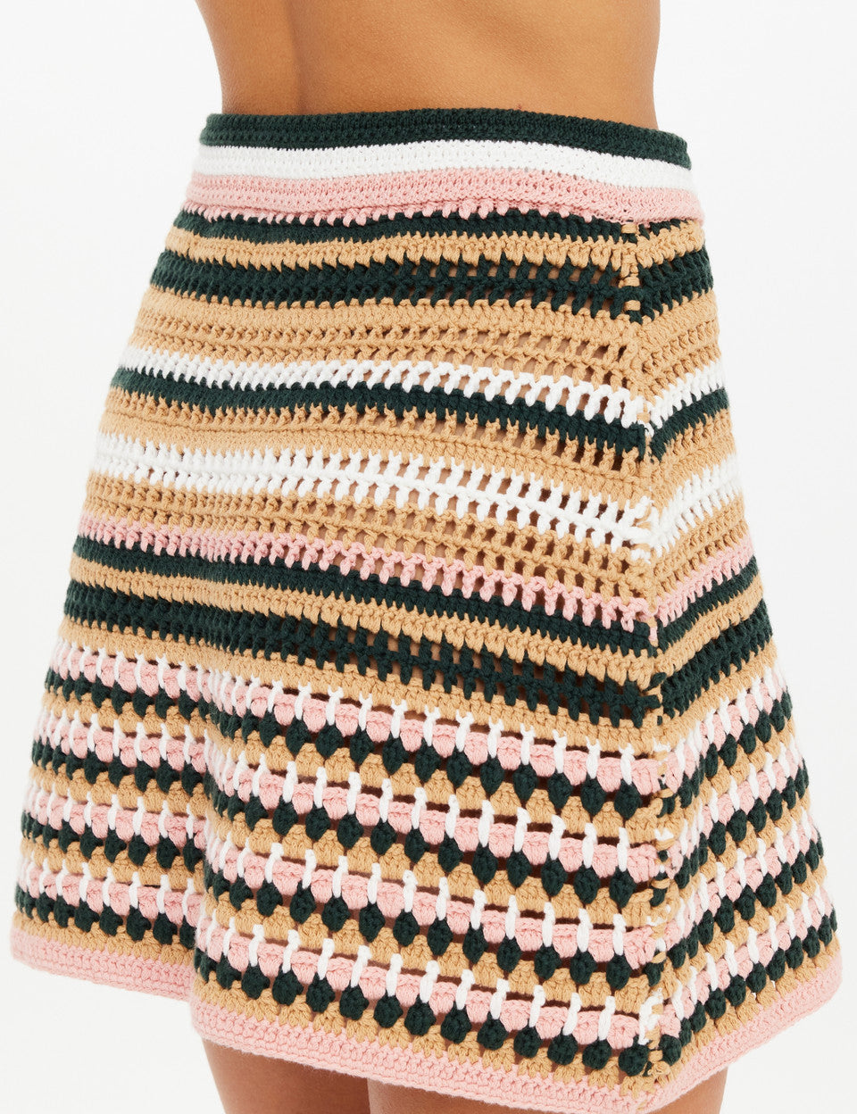 Close-up of encased waistband on The Upside Bohemia Crochet Mini Skirt in striped organic cotton.