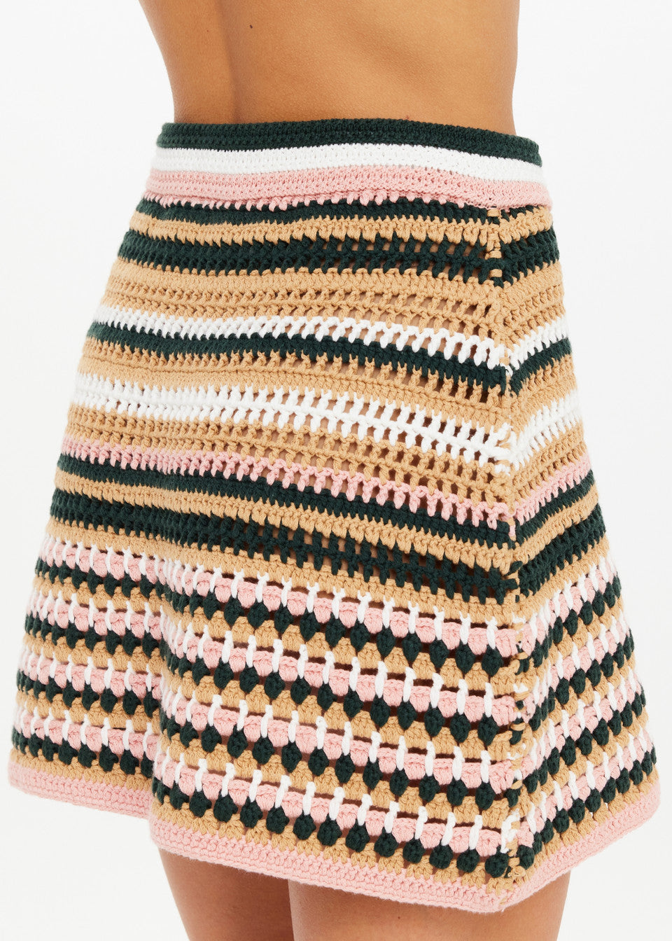 Close-up of encased waistband on The Upside Bohemia Crochet Mini Skirt in striped organic cotton.