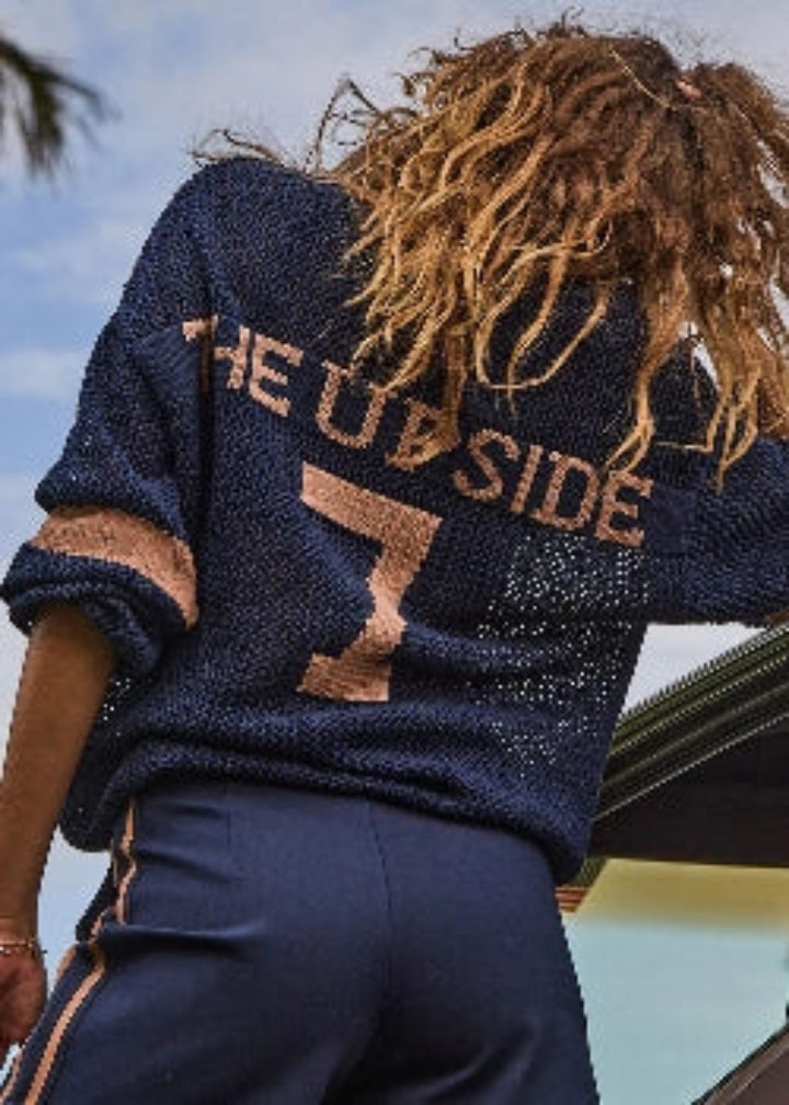 The Upside Fenway Sebastian Knit Crew in Navy organic cotton open knit sweater