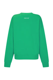 Green sweatshirt with a brand logo on the chest against a white background