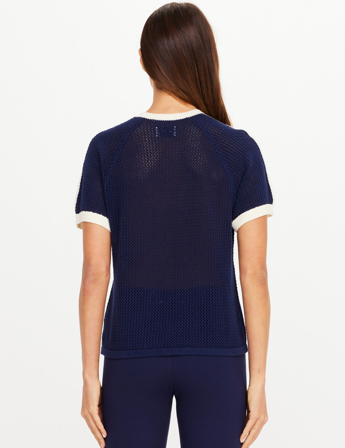The Upside Fenway Jordan Knit Tee in navy with cream stripe sleeve detail back view