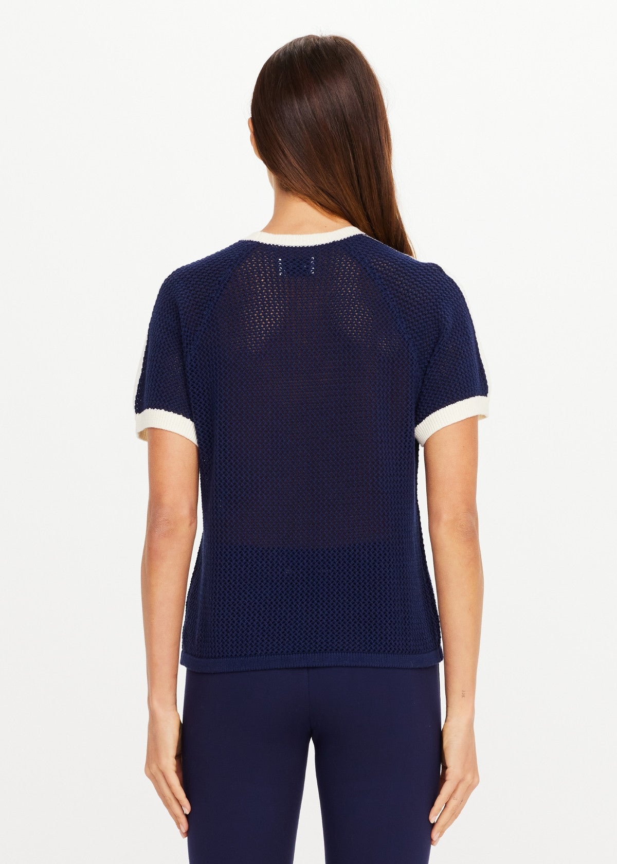 The Upside Fenway Jordan Knit Tee in navy with cream stripe sleeve detail back view