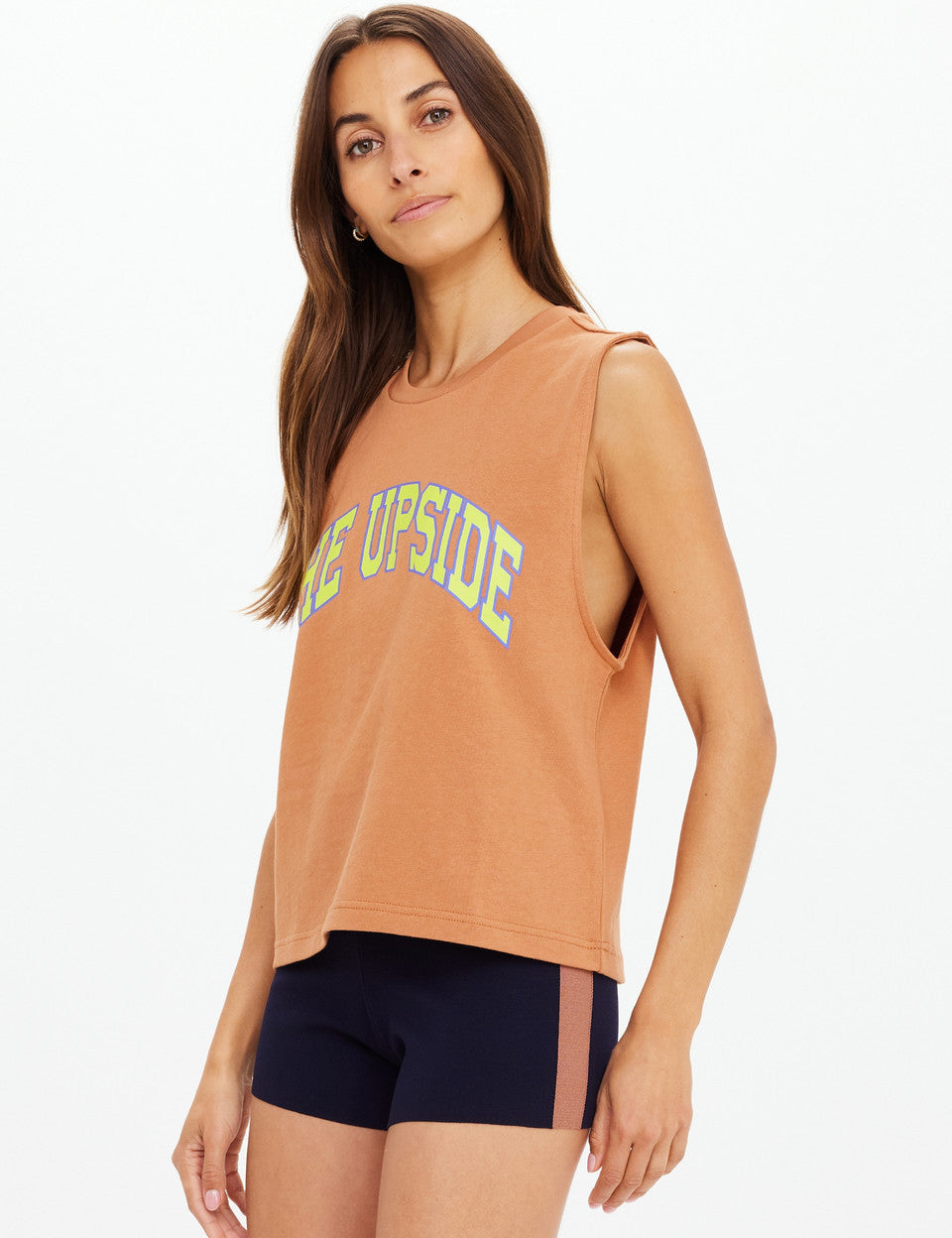 Varsity logo detail The Upside Dawson Tank organic cotton muscle tank side